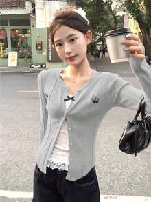 Áo khoác len dệt kim màu đỏ ôm vừa vặn dành cho nữ, trang phục đa năng, kiểu dáng mỏng, phong cách mới cho mùa thu/đông - Xám - Xem 4