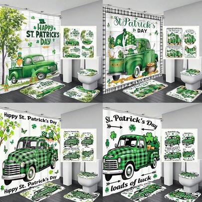 1件/4件套圣帕特里克节浴帘套装，绿色格子卡车图案浴帘套装（含挂钩），浴室隔断浴帘，防滑浴室地垫，U型马桶垫，马桶座套，节日派对装饰，圣帕特里克节浴室装饰