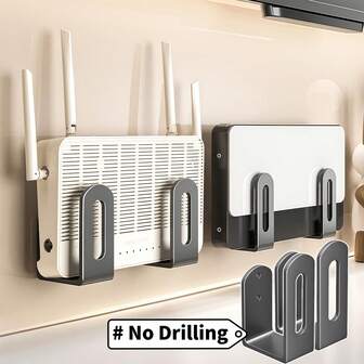 2pcs No-Drill Wall Mounted Router Storage Rack + Power Outlet Holder | Multifunctional Home WiFi Organizer Shelf, Suitable For TV Box/Fiber Optic Modem | Pot Lid Rack + Cutting Board Holder + Kitchen Utensil Rack, Floating Storage Shelf