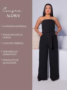 Macacão Pantalona Feminino Tomara Que Caia Cintura Marcada Com Faixa Botões Elegante Casual Versátil - Preto - Visão 5
