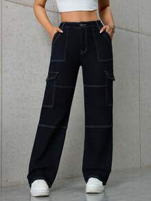 女士舒适宽松休闲个性化缝线百搭工装牛仔裤 - 黑色 - 查看 5