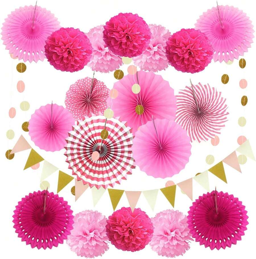 Hanging Paper Pump Fans, Triangular Strips And Paper Circles With Glitter, Garland, Decorative Paper For Parties, Weddings, Birthdays, Festivals, Christmas, Events, Carnivals - Pink - View 1