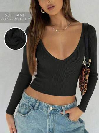 Sexig och trendig mångsidig djup v-ringad långärmad stickad t-shirt, vår/sommar nyhet, damtröja