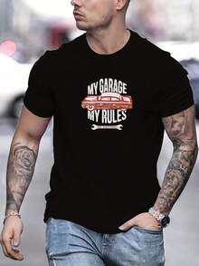 Camiseta gráfica para hombres; Mi garaje, mis reglas; Camiseta casual de cuello redondo y manga corta. Diseño de coche amarillo con rojo. Ligero; Transpirable para el verano. Atuendo Casual. Tela transpirable - Negro - Ver 1
