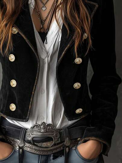 Blazer vintage negro de doble botonadura para mujer, ideal para vacaciones de primavera