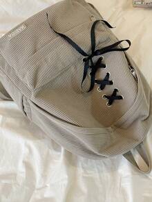 Mochila minimalista de gran capacidad con decoración de lazo, bolsa de viaje de pana - Caqui - Ver 4