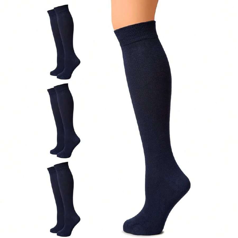 Women's Cotton Knee High Socks, Long Tube Dress Socks | Soft, Lightweight & Stretchy | Shoe Size: 5-8/8-11, 3 Pairs,36065486 - 藍色 - 查看 1