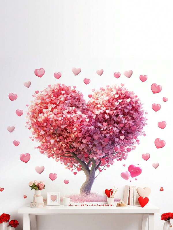 Adesivo de parede romântico de árvore com corações rosa para o Dia dos Namorados, decoração feminina para quarto, item fofo para renovar o ambiente.
