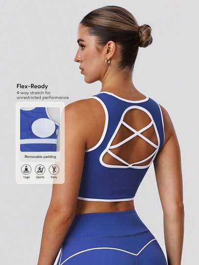 Sodalemon 女士休闲训练加垫背心撞色露背镂空交叉肩带运动服弹力瑜伽运动文胸