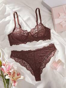 两件套女士性感内衣套装，棕色蕾丝花卉文胸套装，配有可调节肩带，浪漫情人节礼物