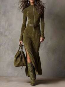 Chic Women's Slim Fit Rib-Knit Woven Fabric Long Dress With Full Zipper, Stand Collar, And Slit Hem, Ideal For Fall Winter Clothes - 綠色 - 查看 3