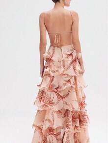 Ladies' Fashionable Long Dress With Multiple Layers Of Ruffled Edges, Butterfly Contrasting Color Straps, Off Shoulder Elegant Temperament Dress - 彩色 - 查看 7