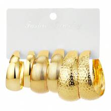 6件套，3对法式时尚冲孔凹凸C形卡片耳环套装，金色夸张简约几何耳环，适合女孩日常佩戴 - 金色 - 查看 8