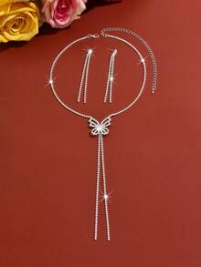 Elegant Long Tassel Jewelry Set, Lovely Bow Tie Necklace And Earrings, Suitable For Valentine's Day Wear And Gift, Party And Banquet Wear - Silver - View 10