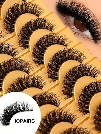 GROINNEYA 10 pares de pestañas postizas de mink falso voluminosas y esponjosas con banda transparente, pestañas de ojo de gato naturales con efecto cruzado, pestañas postizas completas suaves y voluminosas, pestañas falsas naturales y rizadas, reutilizables para la mayoría de formas de ojos, adecuadas para el maquillaje diario y de fiesta de las mujeres