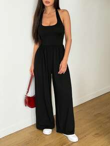 AITYI Studio Women's Sleeveless Jumpsuit, Fashionable Loose Casual Comfortable, Soft And Stretchy Fabric, Back-To-School/Graduation Season Outfit, OOTD, Streetwear Chic Style, Backless - Black - View 7