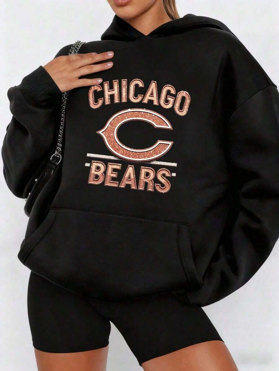 Women'S Casual Pullover Hooded Sweatshirt With Bears Chicago Logo Print With Glitter Effect |   Long Sleeve, Hooded, Regular Fit, With Kangaroo Pocket, Streetwear For Winter Fall, As Gifts PLUS SIZE2026 - 黑色 - 查看 1
