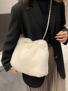 1pc Knitted Chain Fuzzy Tote Bag, Fashion One Shoulder Bag, Large Capacity, Magnetic Closure, Suitable For Women's Daily Use, Autumn/Winter New - Beige - View 6