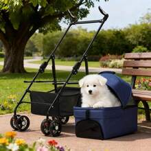 Cochecito Plegable Ligero para Mascotas Pequeñas/Medianas - Manillar Giratorio 360° para Todo Terreno, Gran Capota con Paneles de Malla, Almacenamiento en la Base, Plegado con un Clic y Transportín Desmontable - Carrito para Perros de Tela Oxford - Negro - Ver 8