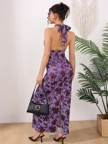 Vestido largo elegante de mujer con estampado floral diminuto, vestido de fiesta para playa con abertura en la espalda y detalle de nudo en el frente sin mangas para verano y vacaciones - Morado - Ver 10