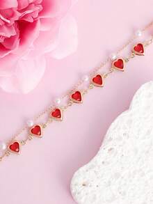 1pc Elegant Red Heart & Faux Pearl Double Layer Bracelet, Versatile Fashion Jewelry Suitable For Daily Wear, Valentine's Day, Celebrations, Birthday, New Year - Multicolor - View 4