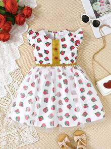 H HIBOBI 女童玫瑰印花网纱短袖连衣裙，春秋季 - 白色 - 查看 1