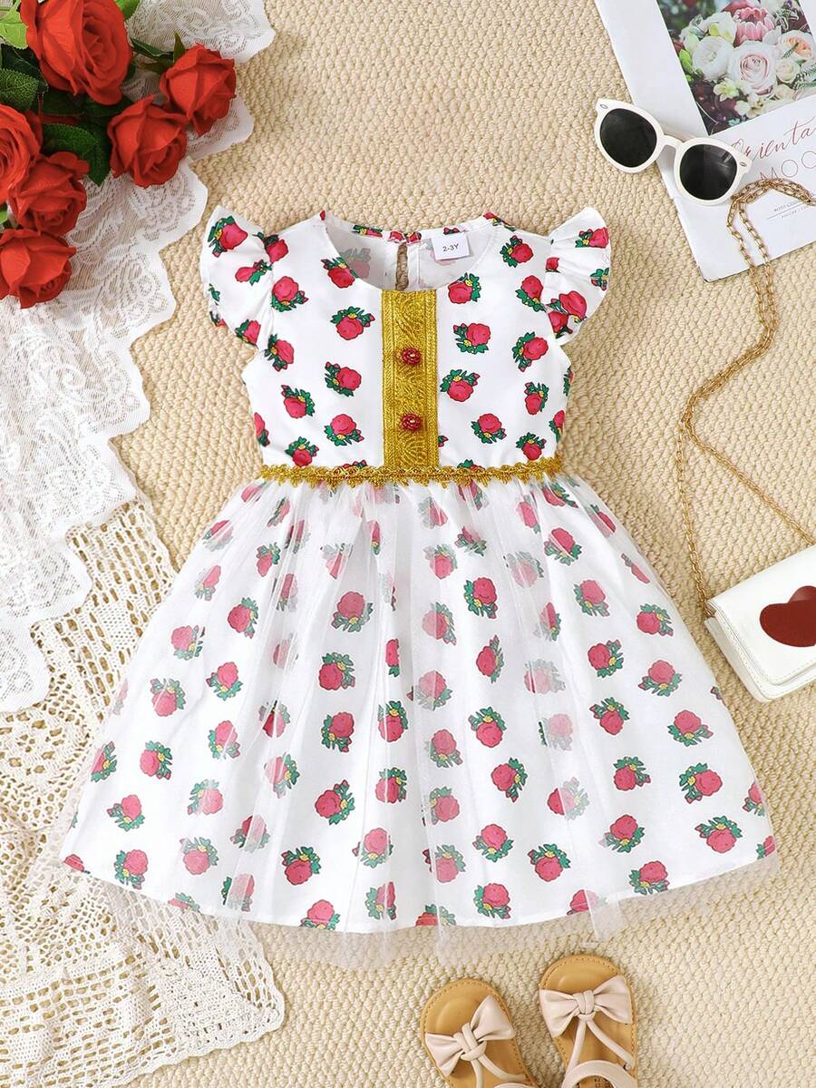 H HIBOBI 女童玫瑰印花网纱短袖连衣裙，春秋季 - 白色 - 查看 1