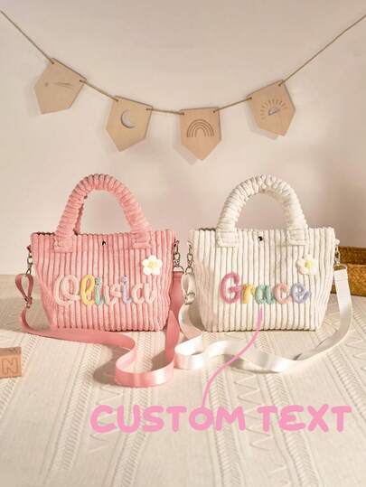 1pc Personalized Crossbody Bag, Custom Soft Corduroy Kids Bag With Detachable Satin Strap, Unique Gift For Children, Adorable Back-To-School Crossbody Bag, New Year Gift, Easter Gift