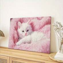 White Cat Mural On Pink Plush Cloth - Canvas Wood Frame, High Quality Vibrant Colors, Decorative Style Wall Decor For Living Room, Bedroom, Office - Perfect Gift For Cat Lovers, Cat Decor, Bedroom Wall Art, Lively Kitten Art, Ready To Hang - 白色 - 查看 4