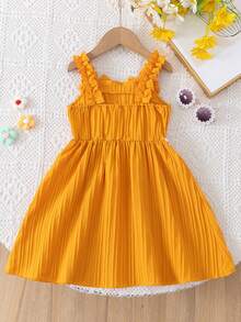 少女休闲条纹3D蝴蝶结镂空花卉宽肩带A字连衣裙，适合日常、居家、户外、街头、运动、度假、夏季穿着 - 橘色 - 查看 5