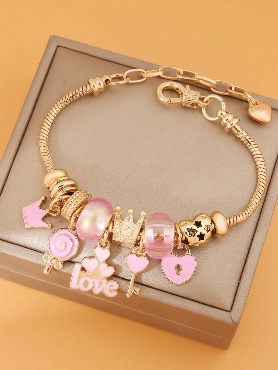 18 cm + 5 cm Bracelet pendentif en acier inoxydable rose à la mode et doux avec des éléments de couronne, sucette, cœur, AMOUR, convient pour un port quotidien, cadeau pour petite amie, Saint-Valentin, Nouvel An - Doré - Voir 1