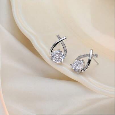 2 Pairs S925 Sterling Silver Cubic Zirconia Stud Earrings, Elegant Teardrop Design Earrings