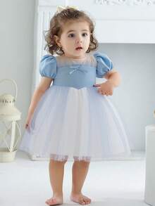 Baby Girls' Blue Bow Tulle Elegant Party Dress, Princess Dress, Suitable For Baby's 1st Birthday Gift, Party, Wedding, Flower Girl, All Season - Blue - View 2