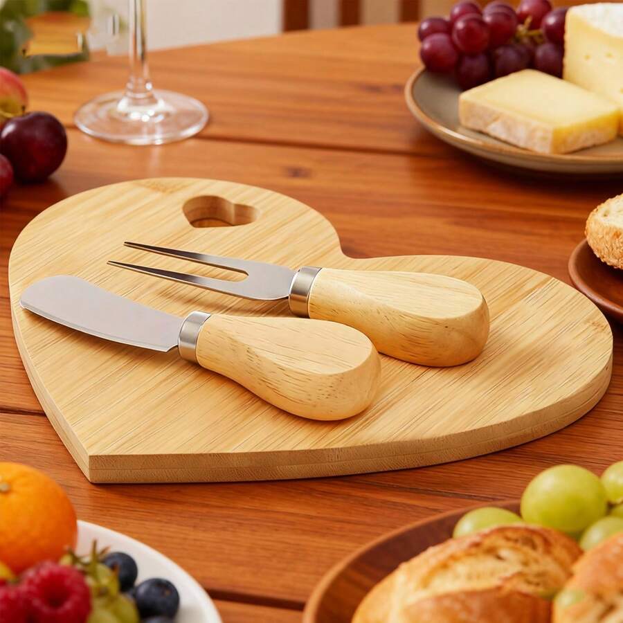 Heart Shape Cheese Board With Cheese Knives, Wood Mini Charcuterie Board, Acacia Wood Cheese Serving Platter With Hanging Hole Vegetable Cutting Board For Home, Party