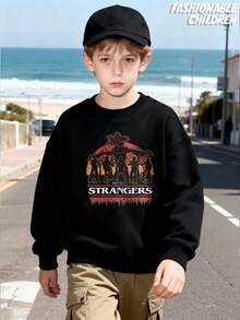 "Sweetheart, Don't Talk To Strangers" Pattern Sweatshirt, Boys' Autumn And Winter Crewneck Sweatshirt, Boys' Clothing, Fleece-Lined Long-Sleeve Sports Shirt, Casual Outdoor Sports Style, Comfortable, Soft, Breathable And Skin-Friendly, Fashionable And Versatile, A Crewneck Sweatshirt That Children Can Wear Alone. - màu đen - Xem 1