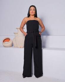 Macacão Pantalona Feminino Tomara Que Caia Cintura Marcada Com Faixa Botões Elegante Casual Versátil - Preto - Visão 2