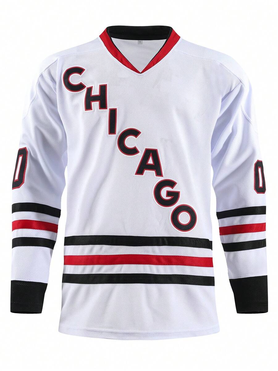 男士 00 白色冰球球衣休闲长袖刺绣 V 领 T 恤派对运动上衣 - 白色 - 查看 1