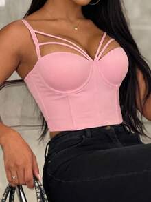 女士粉色吊带束身胸衣，休闲外出情人节抹胸上衣 - 粉色 - 查看 5
