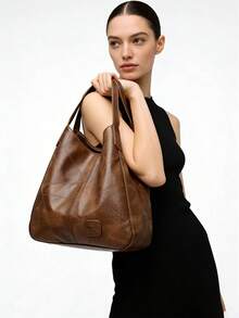 女士水桶单肩手提包，简约时尚大容量托特包，柔软人造革单肩包，拉链手提包 - 咖啡 - 查看 2