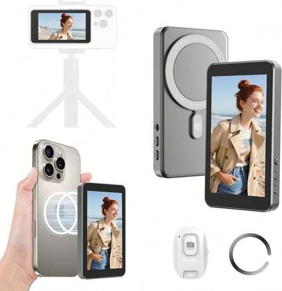Vlog Selfie Monitor Screen For IPhone & Android, Audio Sync Built-In Speaker, Wireless Magnetic Phone Back Camera Monitor With Remote Control For Selfie Vlog Live Stream  (Grey)