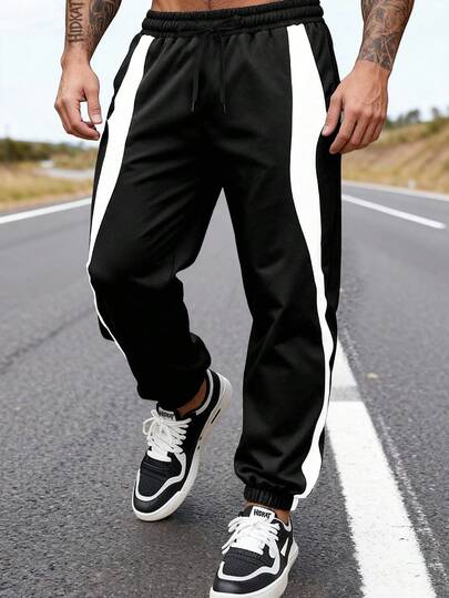 Men's Fashion Casual Sports Pants With Black & White Contrast Color, Drawstring Waist, Pockets, Ankle-Cuff Design, Suitable For Outdoor, Sports, Casual Daily Wear