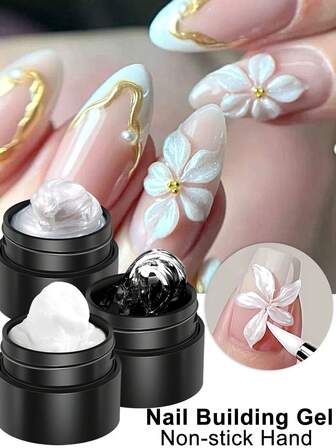 3D不粘腻美甲雕塑胶 - 5克透明珠光亮泽固体亚克力雕塑胶，适用于DIY美甲、美甲延长、3D花朵造型、韩式/日式美甲装饰 - 内含硅胶雕塑刷，美甲套装 - 美甲沙龙用品。（4/2/1件装）