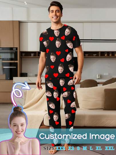 Customized Photo Face Men's Pajama Set - Comfortable 2 Pieces Set Including Short Sleeve Crew Neck Top And Pants, Tailored For Husband, Father And Boyfriend - Ideal Gift For Valentine's Day Or Birthday, Perfect For Autumn/Winter Loungewear