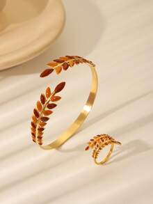 2 piezas Juego de brazalete y anillo de acero inoxidable chapado en oro de 18K con diseño de hoja y flor, decoración elegante para uso diario o festividades, regalo - Amarillo Oro - Ver 7
