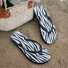Damen Zebra-Muster Mode Street Party Tiertextur Flip Flops, Strandurlaub Outdoor Outfit, Frühling/Sommer - Schwarz - Übersicht 2