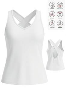 Women's Criss-Cross Strap Fitness Tank Top, Workout Activewear Sleeveless Shirt, Casual Running Vest - Blue and White - View 8