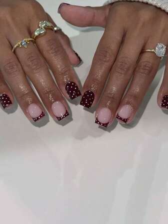 24pcs Press On Nails White Polka Dots False Nails French Red Press On Nails Short Nails Art Square Shape Fake Nails Manicure Set Includes 1sheet Adhesive Tabs & 1pc Mini File Perfect For Everyday Wvear