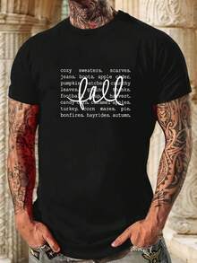 Camiseta de Manga Corta Casual para Hombre - Verde Oliva Cuello Redondo Top de Verano con Escritura Cursiva; Diseño de Palabras de Temporada (Cory.) Suéter. Bufanda. Calabaza. Hojas) - Ajuste Regular Transpirable para Atuendo Casual. Camiseta de estilo urbano. Camiseta de Tela Suave - Negro - Ver 7