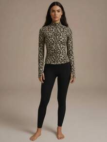 Women's Fitted Leopard Print Zip-Up Yoga Jacket - Apricot - View 5