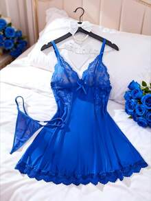2pcs Women Sexy Solid Color Lace Mesh Patchwork Sleepwear Set, V-Neck Backless Camisole Nightgown And Thong, Comfortable Pajamas - Royal Blue - View 1